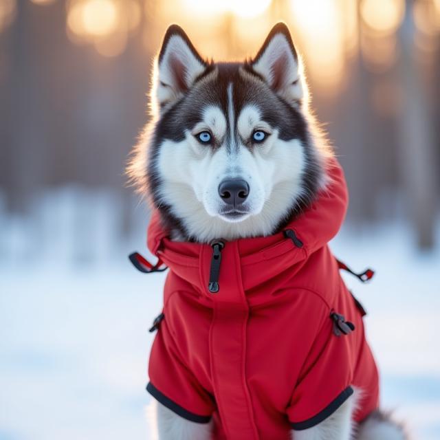 Husky wearing crimson winter expedition jacket